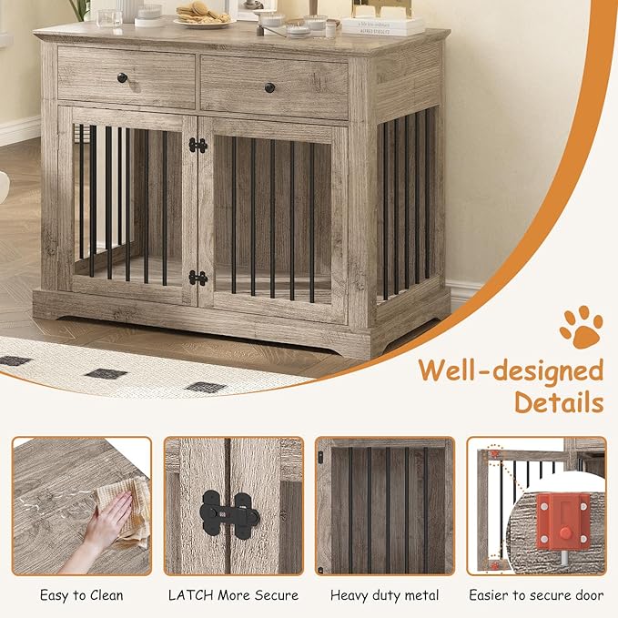 Dog Crate Furniture, 44 Inch Wooden Dog Kennel Indoor with 2 Storage Drawers, Heavy Duty Large Crate Furniture, Decorative End Table Cage Furniture for Small/Medium/Large (Grey)