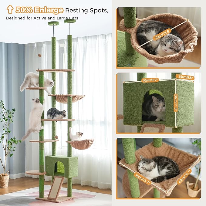Floor to Ceiling Cat Tree Tall Cat Tower with Adjustable Height (81.8-108 Inches) with Fully Scratching Post Private Condo and Hammock for Indoor Cats (Green, Triple Dule Posts)