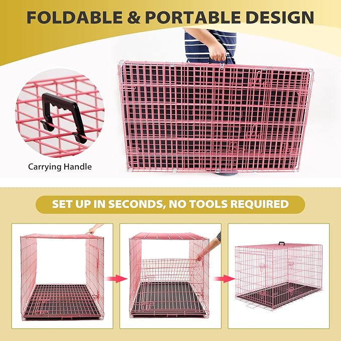 BestPet | Dog Crate | 48" | Pink | Foldable Metal Kennel with Double Doors, Secure Slide-Bolt Latches, Leakproof Tray | Portable Dog Cage for Large Breeds | for Travel, Indoor & Outdoor Use