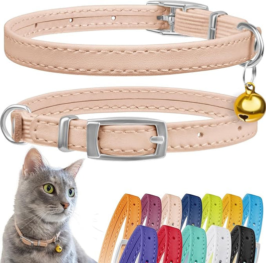 CollarDirect Leather Cat Collar, Kitten Collar with Removable Bell Black Blue Red Orange Lime Green (6-7 Inch, Beige)