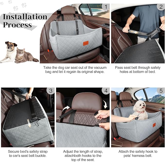 Dog Car Seat for Medium & Large Dogs Up to 55lbs, Memory Foam Cushion, Washable Cover, Safety Straps & Non-Slip Base(Grey,Large)