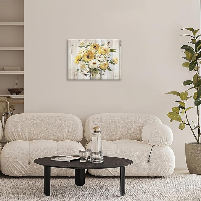 Sunflower Bathroom Pictures Wall Art, Simple Blessed Floral Bathroom Wall Decor, Flower Framed Painting Canvas Artwork for Bedroom Living Room Decorations 16"L x 12"W