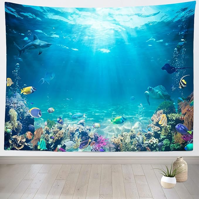 Loccor Underwater World Tapestry Blue Ocean Wall Hanging Under the Sea Coral Reef Wall Tapestry 179x98 Inches Tropical Fish Tank Undersea Tapestries Marine Wall Art for Bedroom Living Room Dorm Decor