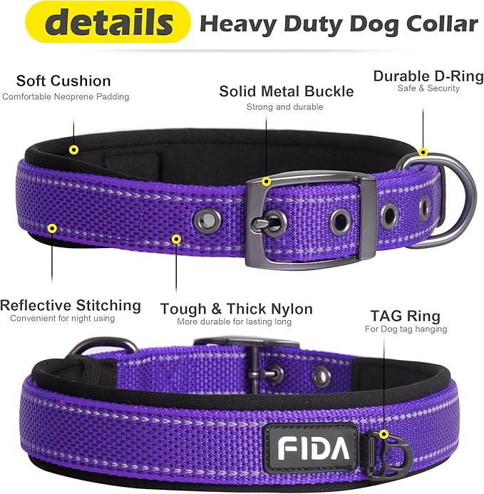 Fida Heavy Duty Dog Collar, Ultra Comfortable Soft Neoprene Padded, Adjustable Reflective Nylon Pet Collar with Durable Metal Belt Buckle for Large Breeds (L, Purple)
