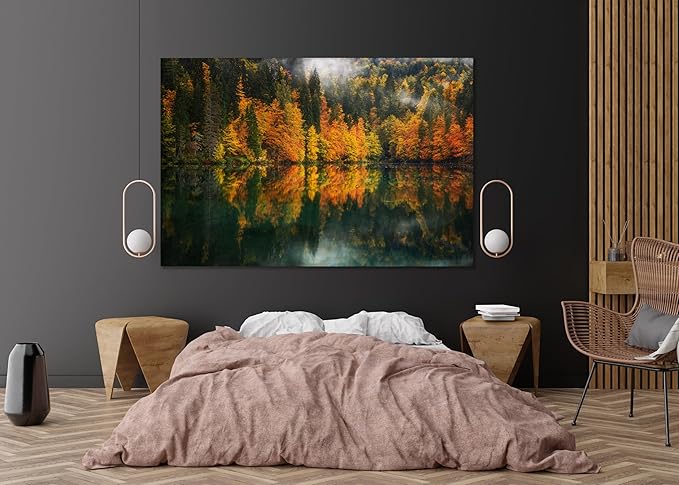 Nature Wall Art Prints - Ocean Forest Mountain Lake Canvas Landscapes - Small to Extra Large Living Room Bedroom Kitchen Bathroom Décor (Autumn by the Lake, 28L" x 41W")