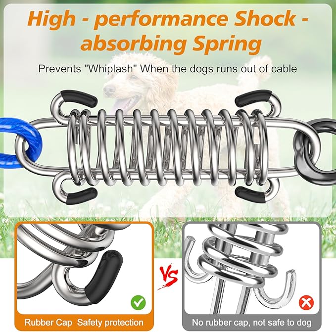 Tresbro 50 FT Dog Tie Out Cable with Spring, Shock Absorbing Tether Chains for Outside Aavilable in 10/15/20/25/30/40/50/70/100/120 FT, Heavy Duty Leads for Yard for Medium & Large Dogs Up to 500 LBS