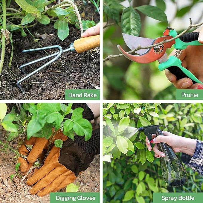 Gardening Tools 9-Piece Heavy Duty Garden Hand Tools with Fashion and Durable Garden Tools Organizer Handbag, Rust-Proof Garden Tool Set, Ideal Gardening Gifts for Women