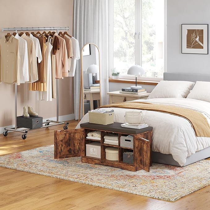 DINZI LVJ Shoe Bench, Entryway Storage Bench with Doors, Cushion, 2-Tier Shoe Rack with 6-Cubby, 31.5”L x 13.8”W Shoe Organizer Cabinet, Adjustable Shelf, Living Room, Bedroom, Rustic Brown