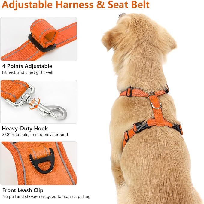 Dog Seat Belt Harness for Car, Dog Car Harness Adjustable Mesh Breathable & Dogs Seatbelt Safety Tether with Elastic Bungee for Small Medium Large Pets(Orange, XL)