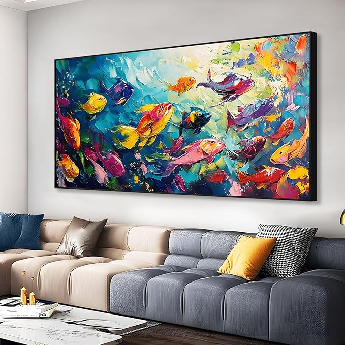 School of Fish Printed Canvas Wall Art – Framed Abstract Ocean Print – Vibrant Fish Wall Decor for Living Room, Bedroom, Office (Black Framed, 47"x23"|120x60cm)