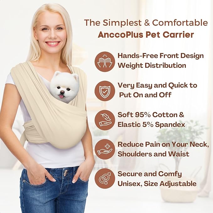 Dog Carriers for Small Dogs, Front Facing Dog Sling Carrier, Hands Free Cat Carrier, Size Adjustable, Reducing Back Pain, Premium Cotton, Safe and Soft Dog Carrier (Regular, Beige)