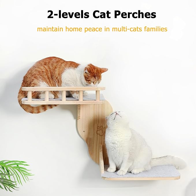 Cat Wall Perches, 2-Levels Corner Shelves Wall-Mounted Platform with Scrathing Mat, Wood Furniture for Indoor Cats Climb,Play and Nap (Left)