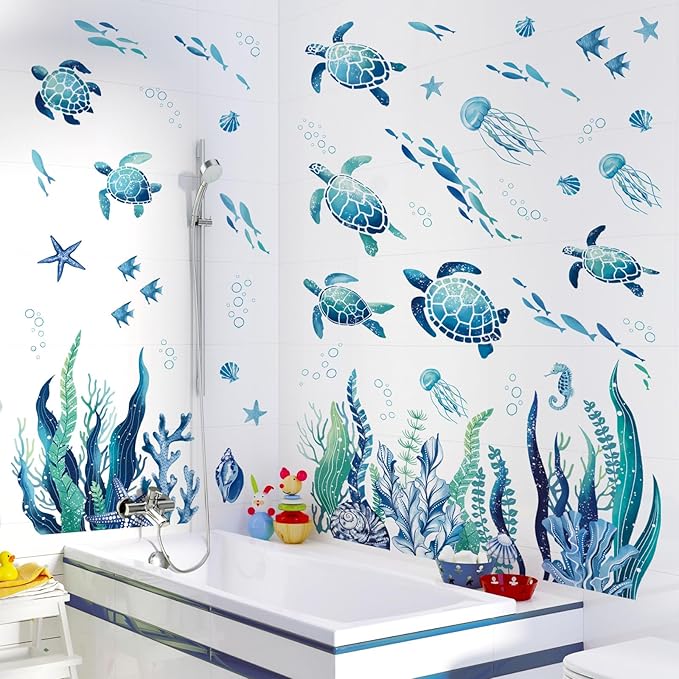 decalmile Under The Sea Seaweed Wall Decals Sea Turtle Ocean Grass Jellyfish Wall Stickers Baby Nursery Bedroom Bathroom Wall Decor