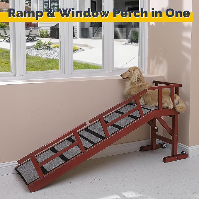 Dog Ramp for Bed or Couch, Wooden Pet Ramp with 20° Gentle Slope, Removable Side Rails, Non-Slip Surface, Top Platform & Wheels, Safe Bed Ramp for Small, Medium & Senior Dogs, 60" Long, Mahogany