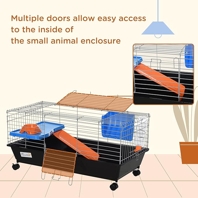 PawHut 35" L Small Animal Cage, Rolling Bunny Cage, Guinea Pig Cage with Food Dish, Water Bottle, Hay Feeder, Platform, Ramp for Chinchilla, Black