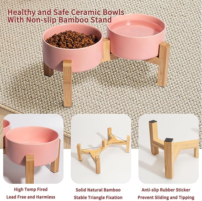 Elevated Ceramic Dog Bowl Set - Raised Dog Bowls with Non-Slip Bamboo Stand - Dog Food and Water Bowl Set - Double Dog Feeding Bowls - Suitable for Small and Medium Dogs - 28.74 OZ - 3.6 CUPS - 850 ML