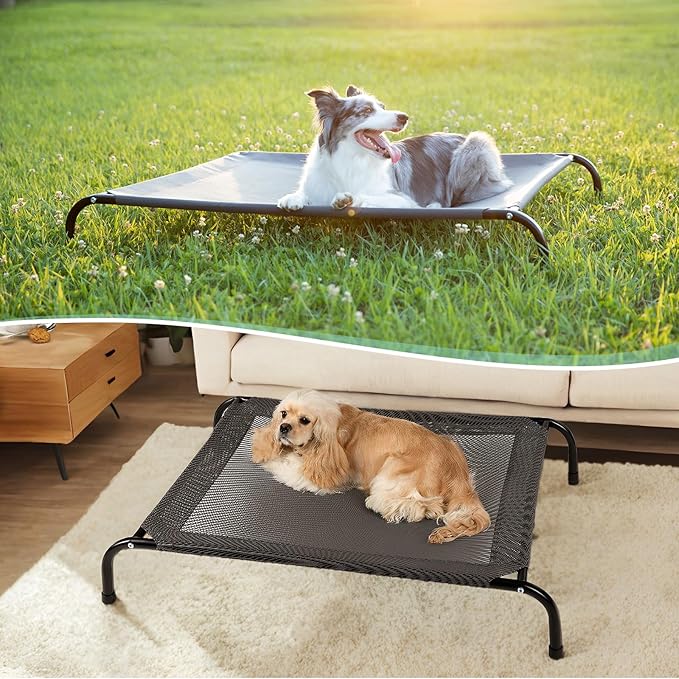 Cooling Elevated Dog Bed with Non-Slip Floor Protectors & Breathable Mesh, Raised Indoor & Outdoor Dog Cot Hammock, 41" L x 32" W x 8" Th, Medium, Grey