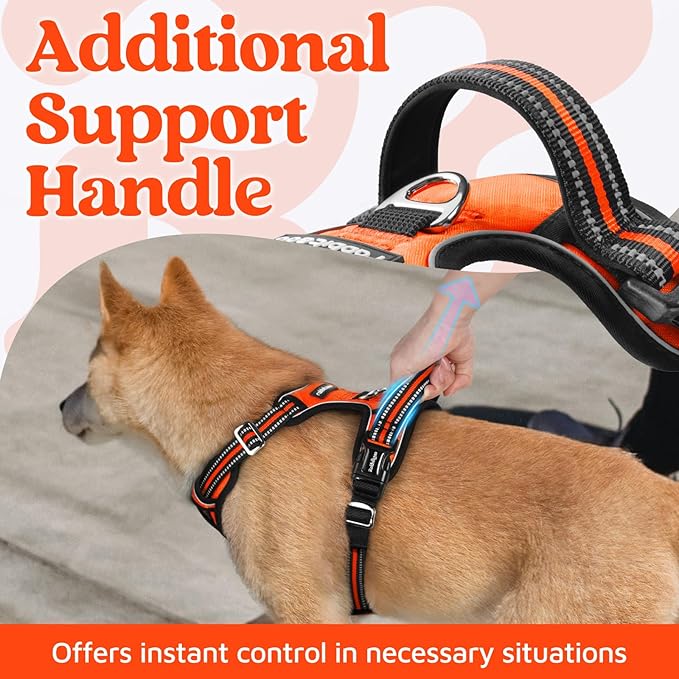 rabbitgoo Dog Harness Medium Sized, No Pull Dog Vest with 3 Buckles, Adjustable Soft Padded Pet Harness with Easy Control Handle and Reflective Strips, Orange, M