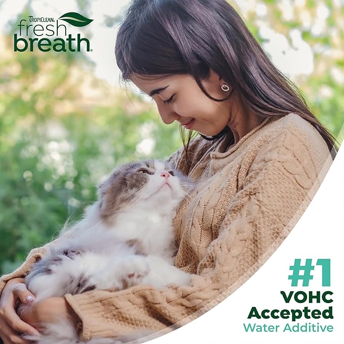 TropiClean Fresh Breath Water Additive for Cats, Cat Teeth Cleaning and Breath Freshener Solution, Complete No Brushing Dental Care, 16 oz.