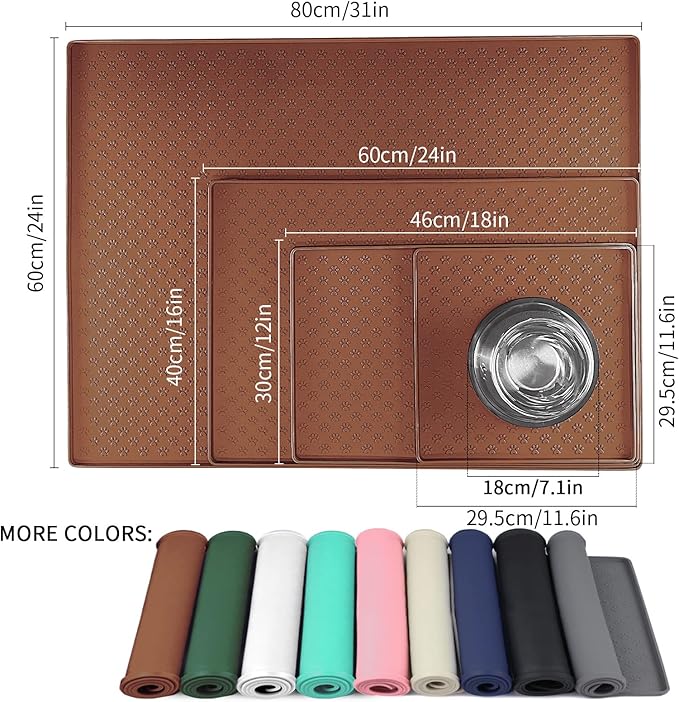 Ptlom Pet Placemat for Dog and Cat, Waterproof Silicone Pet Feeding Bowl Mats for Food and Water, Small Medium Large Dogs Mat Prevent Residues from Spilling to Floor, Brown, 11.8"x11.8"