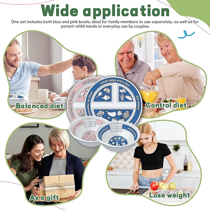 4 Pcs Portion Control Plates & Bowls Set (2 Plates + 2 Bowls, 9 Inch) - Self-Measuring for Weight Loss, Gastric Bypass, LapBand, Diabetes & Healthy Diets, Pink & Blue, for Adults & Children