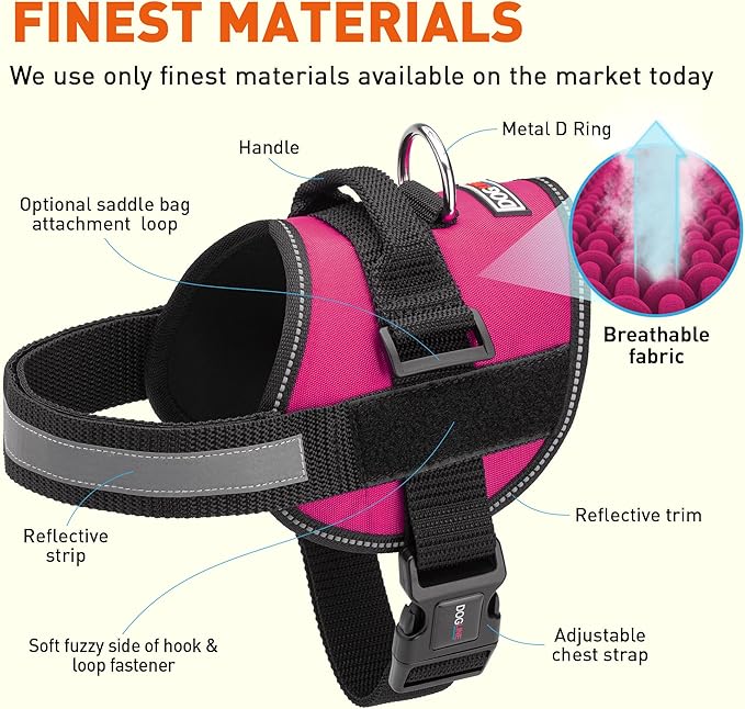 Dogline Dog Harness, Reflective No-Pull Adjustable Vest with Handle for Walking, Training, Breathable, No - Choke Harness for Small, Medium or Large Dogs Room for Patches Girth 33"-46" in Pink