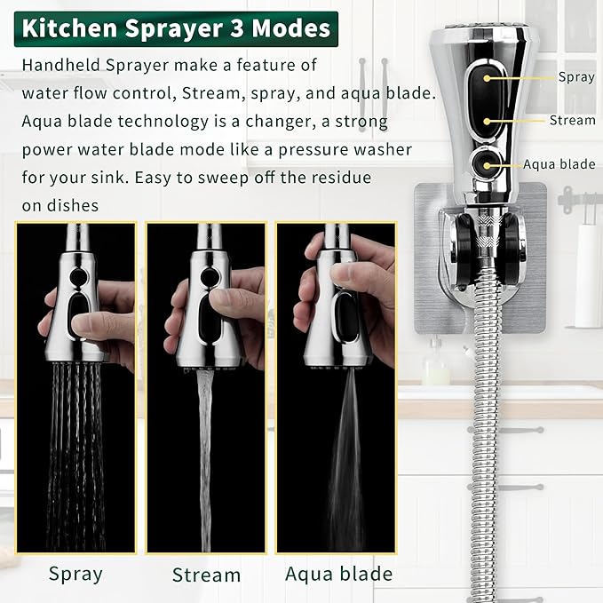 CECEFIN Kitchen Faucet Hose Attachment, Sink Sprayer Replacement Head with 4.9 Ft Stainless Steel Hose, Water Saving Aerator with 3-Way Diverter Valve for Hair Washing Laundry Room and Pet Shower