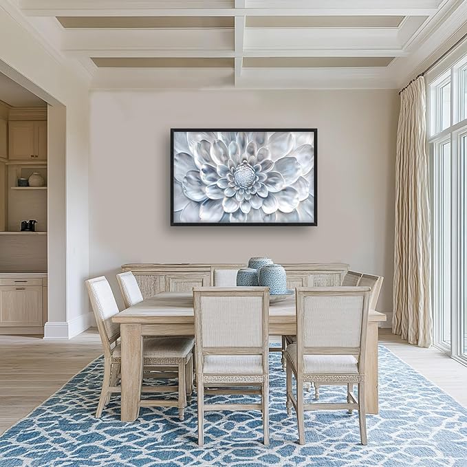 Abstract Flower Large Wall Art White Silver Floral Pictures Wall Decor Neutral Canvas Print Painting Artwork for Bathroom Living Room Bedroom 36L" x 24W"