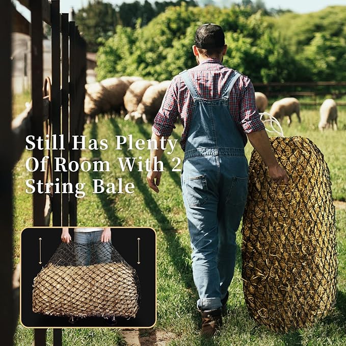 Bloomoak Slow Hay Net Feeder for Horses, Durable Soft Black PE 2/3 String Hay Bales Bags, Fit 36x18x18 to 47x25x17 Inches, Extends 50-64 Inches (2 1.6" Hole/1PC)