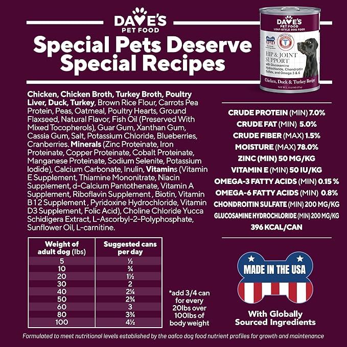 Dave's Pet Food Glucosamine Chondroitin for Dogs, Hip and Joint Support, Gluten-Free, Wet Senior Dog Food, 13.2 oz (Case of 12)