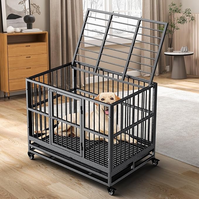 Dog Crate with Removable Tray, 37/42/46 Inch Indestructible and Escape Proof Steel Dog Cage Kennel for High Anxiety Dogs, Heavy Duty Dog Crate with Wheels, Double Door, Extra Large XL XXL