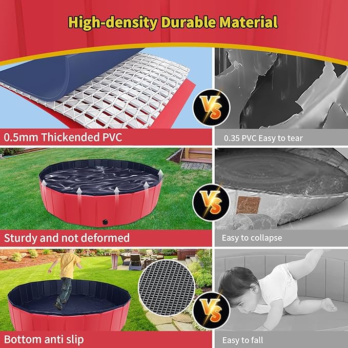 Foldable Dog Pool, 71" x 14" Large Kiddie Pool with Hard Plastic, Non-Slip Dog Bath Tub for Outdoor Backyard, Collapsible Dog Swimming Pool for Kids Dogs Pets (Red)