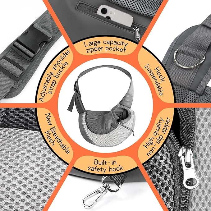 YUDODO Pet Sling Carrier for Small Dogs & Cats – Hands-Free Puppy Carrier with Safety Hook, Large Zipper Pocket, Soft Breathable Mesh, Adjustable Strap & Reflective Strip (Gray 1.0 S)