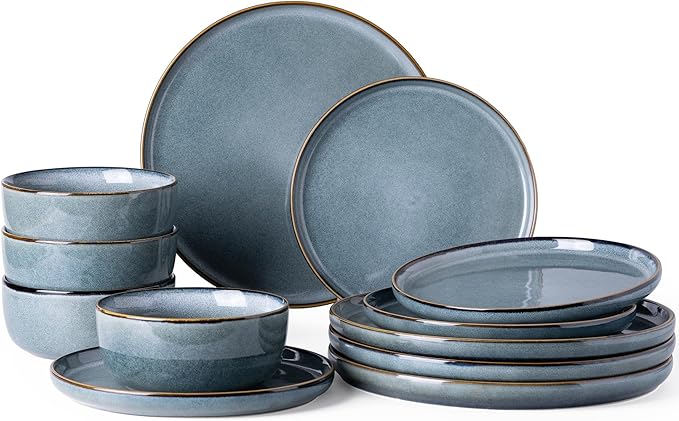 GBHOME Ceramic Dinnerware Sets for 4, 12 Pieces Stoneware Plates and Bowls Sets, Reactive Glaze Dishes -Scratch Resistant, Dishwasher&Microwave Safe, Space Blue