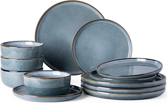GBHOME Ceramic Dinnerware Sets for 4, 12 Pieces Stoneware Plates and Bowls Sets, Reactive Glaze Dishes -Scratch Resistant, Dishwasher&Microwave Safe, Space Blue
