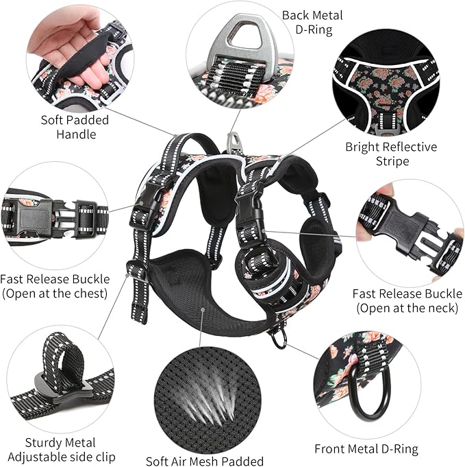 Timos Dog Harness, No-Pull Pet Harness with 2 Leash Clips, 3 Snap Buckles Adjustable Soft Padded Dog Vest, Reflective No-Choke Pet Oxford Vest with Easy Control Handle for Small Medium Large Dogs