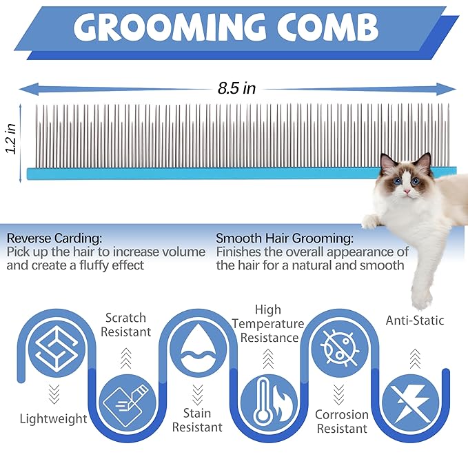 8.5 Inch Upgrade Blue Professional Pet Comb,Dual-Tooth Grooming Comb Anti-Static Smooth Rounded Corners Prevent Friction Breakage and Irritation,Removing Excess Hair for Long-Haired Cats and Dog