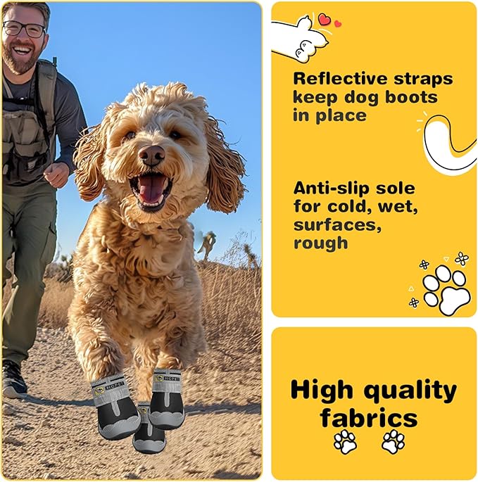 Hcpet Dog Shoes for Large Dogs, Waterproof Dog Booties for Small Medium Dogs, Anti-Slip Dog Boots & Paw Protectors for Hot Pavement Winter Snow Hiking with Reflective Straps Black Size 5
