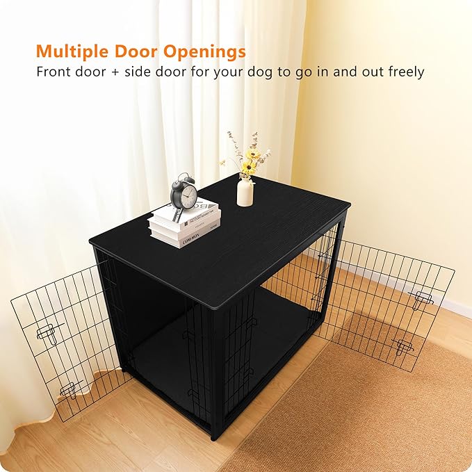 DWANTON Dog Crate Furniture with Cushion, Wooden Kennel Table with Double Doors, Indoor Dog House, Extra Large Size, 43.3" L, Black
