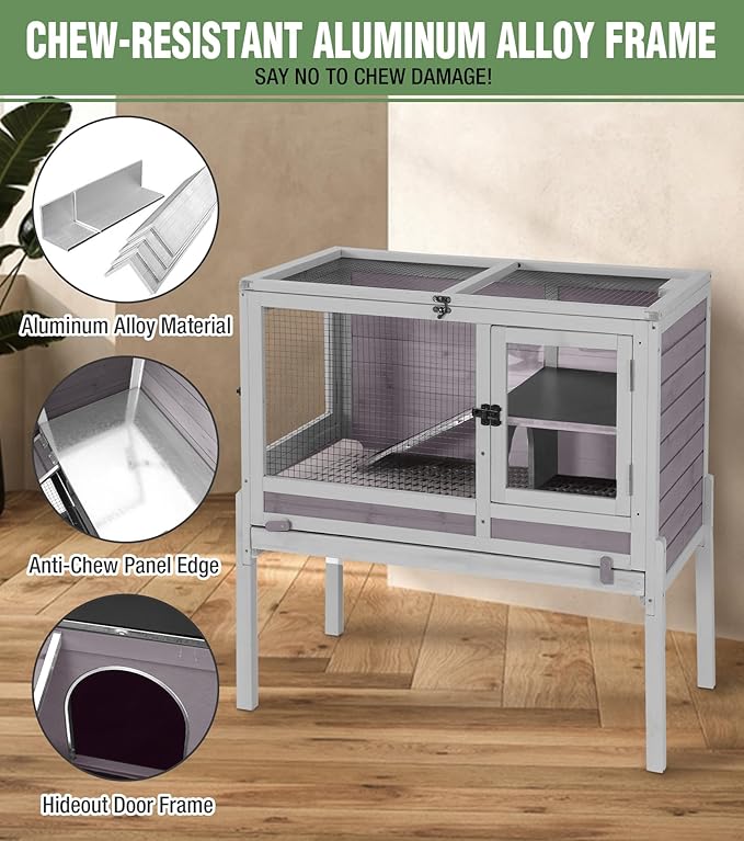 GUTINNEEN Guinea Pig Cage Rabbit Cage Indoor with Chew-Proof Edges, Clean Deep Tray, Leakproof PVC Layer, Small Animals Cage with Adjustable Legs - Grey