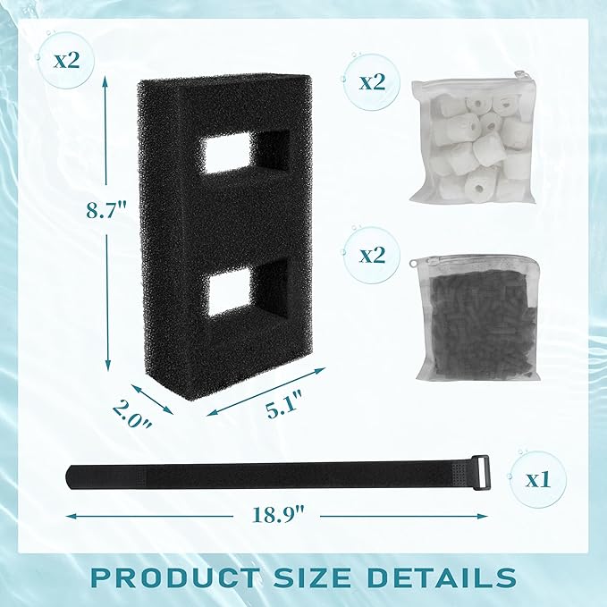 Aquarium Filter Replacement Set, 3-Stage Filtration Compatible with Fluval SPEC EVO Flex Series, Includes 2 Carbon Filter Refills, 2 Foam Filter, 2 Ceramic Rings & 1 Filter Cord