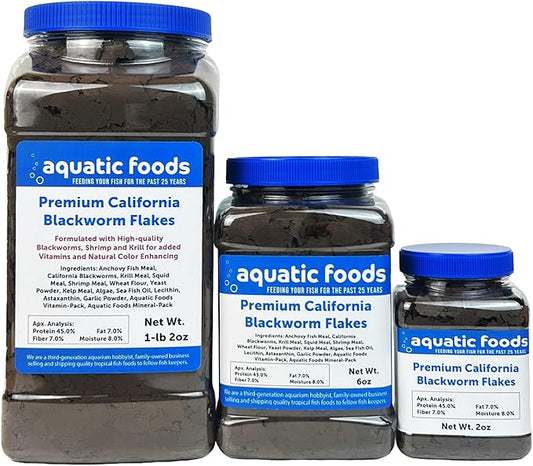 Aquatic Foods Inc. California Blackworm 45% Protein Premium Flakes for Discus, Cichlids, All Tropical Fish Also Pellet Mix, Wafer Mix Included…2oz