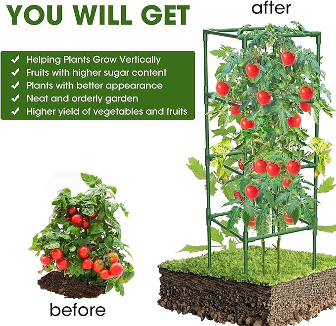 6 Pack Tomato Cages, 41.7" H Square Tomato Plant Stakes Support Cages Trellis for Garden Climbing Vegetables Flowers Fruits,Extra Bold