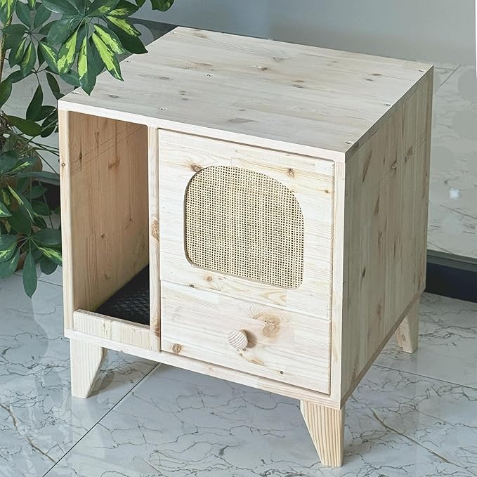 Cat Litter Box | Hidden Litter Box Furniture with Removable Divider | Wooden Cat Washroom Furniture | Indoor Cats House (Natural)