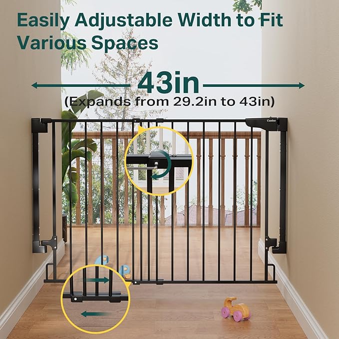 Cumbor 29.2-43" No Bottom Bar Baby Gate for Stairs, 2-in-1 Hardware Mounted Dog Gate Indoor, Wide Pet Gates for Doorway with Large Walk Thru Door, Child-Proof Gate for Top & Bottom of Stairs(Black)