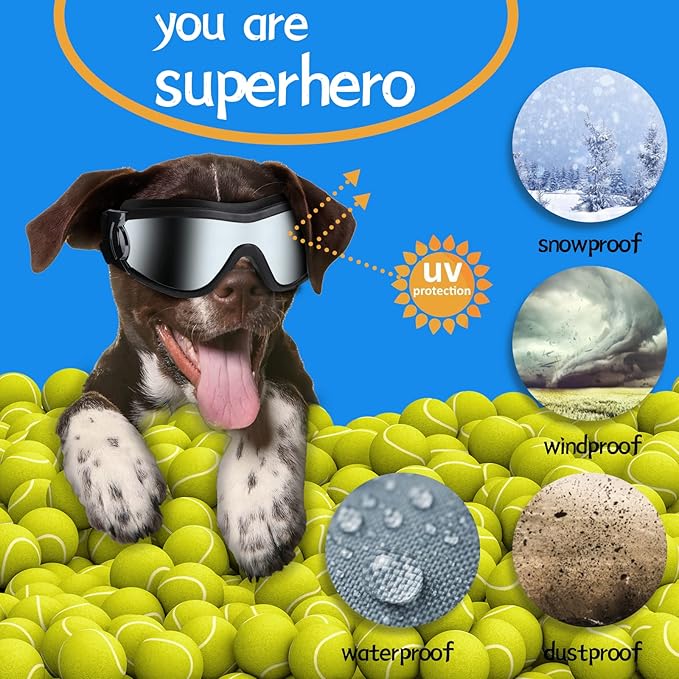 NVTED Dog Sunglasses Dog Goggles, UV Protection Wind Protection Dust Protection Fog Protection Pet Glasses Eye Wear Protection with Adjustable Strap for Medium or Large Dog (Pack of 2)