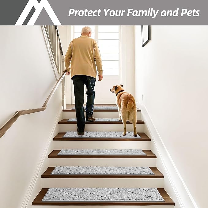 COSY HOMEER Edging Stair Treads Non-Slip Carpet Mat 28inX9in Indoor Stair Runners for Wooden Steps, Edging Stair Rugs for Kids and Dogs, 100% Polyester TPE Backing (4pc, Grey)