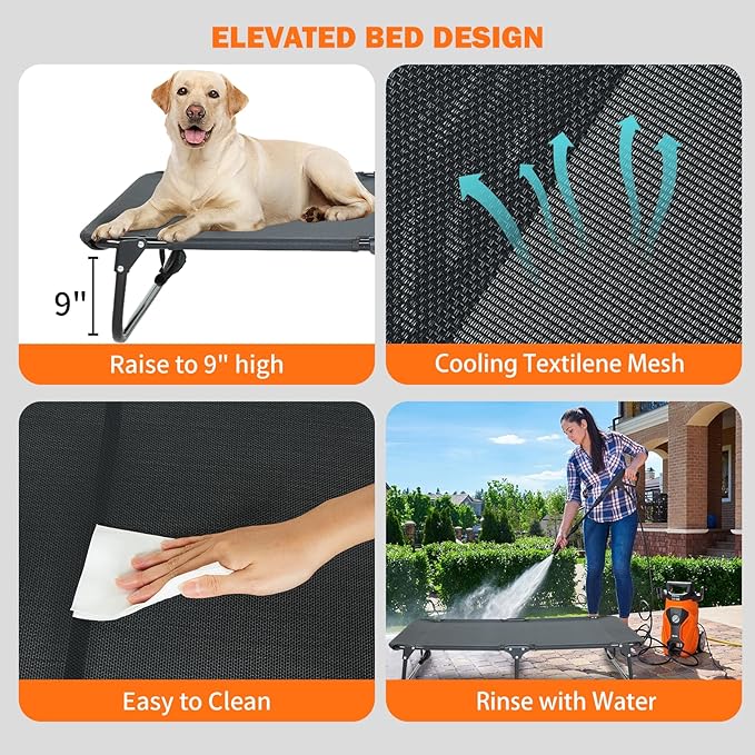 Elevated Dog Bed for Large Pet with No-Slip Feet, Foldable Portable Washable Raised Bed for Indoor&Outdoor Camping Dog Cot, with Cooling Waterproof Breathable Mesh (Large, Black-Textilene)