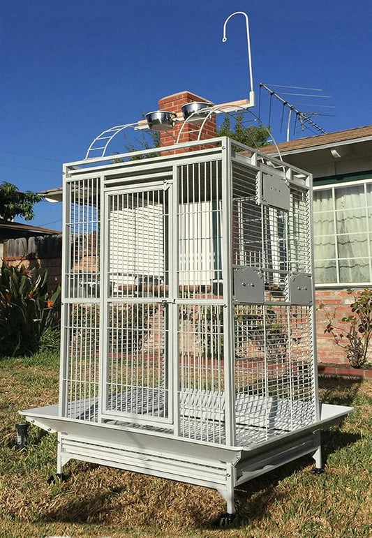 Extra Large Double Ladders Open Play Top Wrought Iron Bird Parrot Parttot Finch Macaw Cockatoo Cage, Include Seed Guard and Toy Hook (32" x 23" x 66"H White Vein)