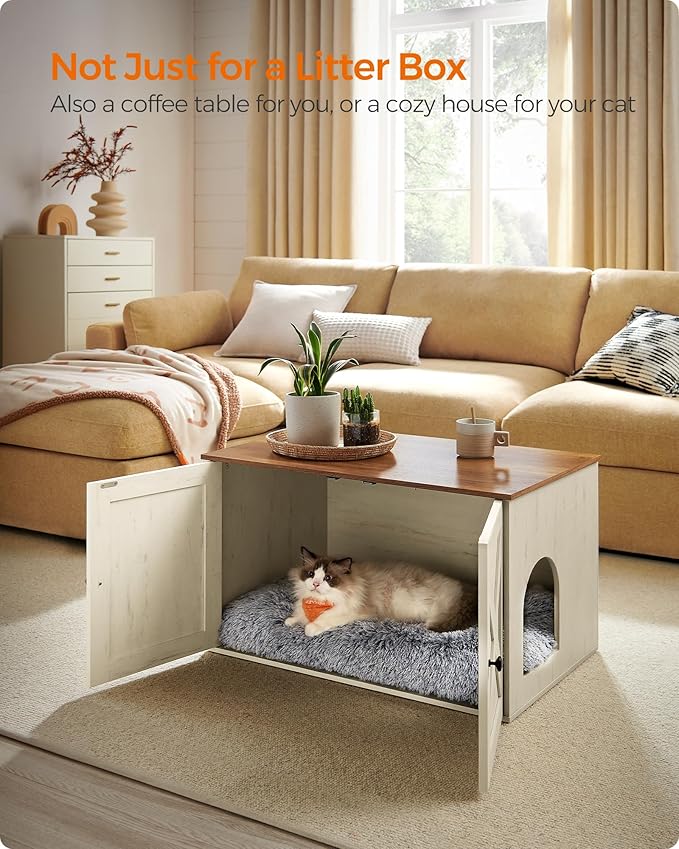 Feandrea Cat Litter Box Enclosure, Litter Box Furniture Hidden with Removable Divider, Indoor Cat House, End Table, 31.5 x 20.9 x 19.7 Inches, Honey Brown and Rustic White UPCL002P01
